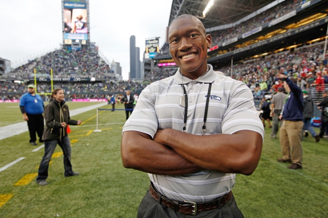 As an intern for the Seattle Seahawks, Jahleel Barnes ’13 is a Lute living his dreams. Photo by John Froschauer / PLU