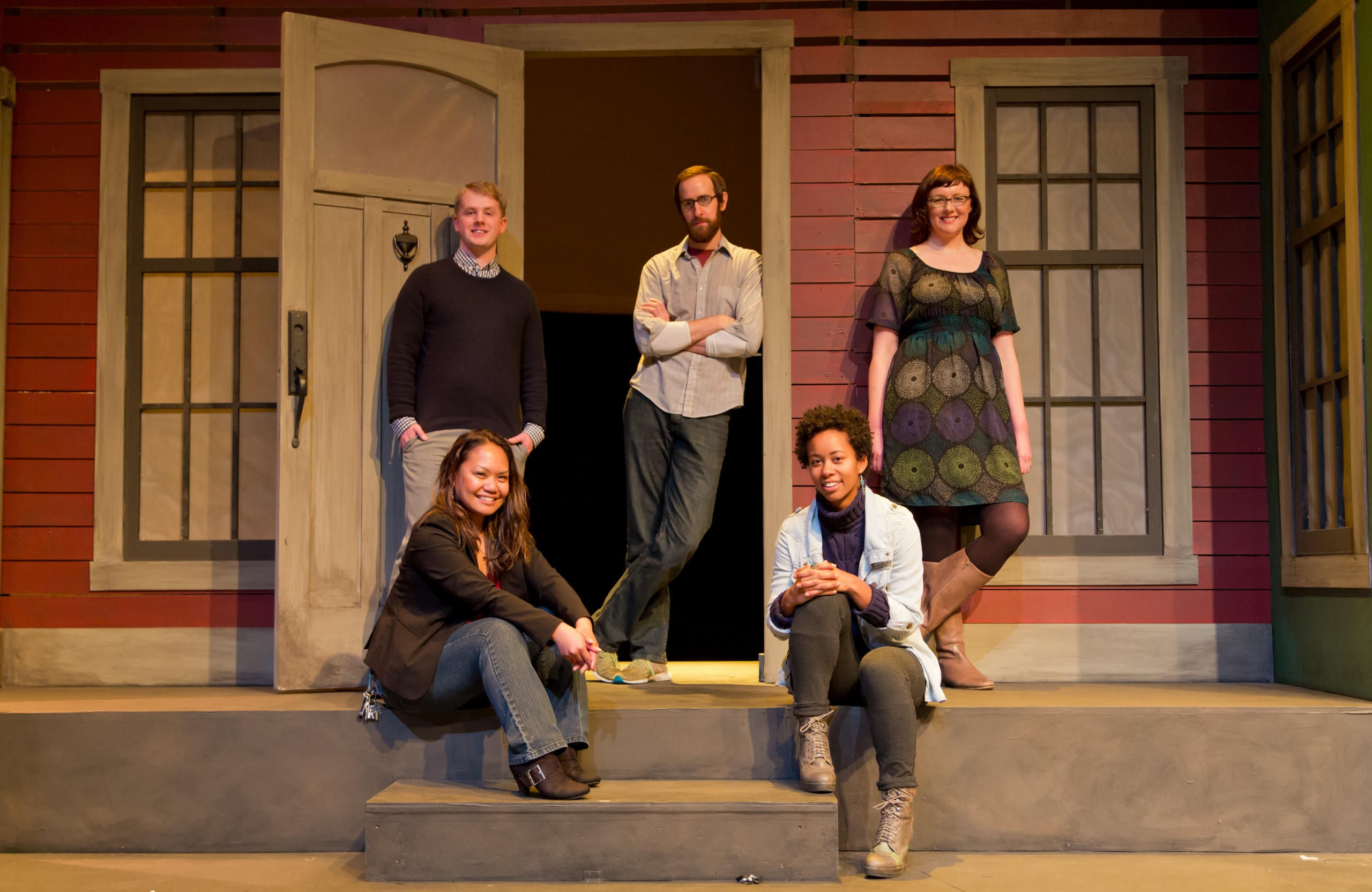 Five PLU graduates work at Tacoma’s Broadway Center for the Performing Arts. Bottom row, from left: Leilani Balais ’99 and April Nyquist ’09. Top row, from left: Jared Wigert ’07, Adam Utley ’04 and Mariesa Bus ’06. Utley will perform Feb. 28 at TEDxTacoma. (Photo: John Froschauer / PLU)