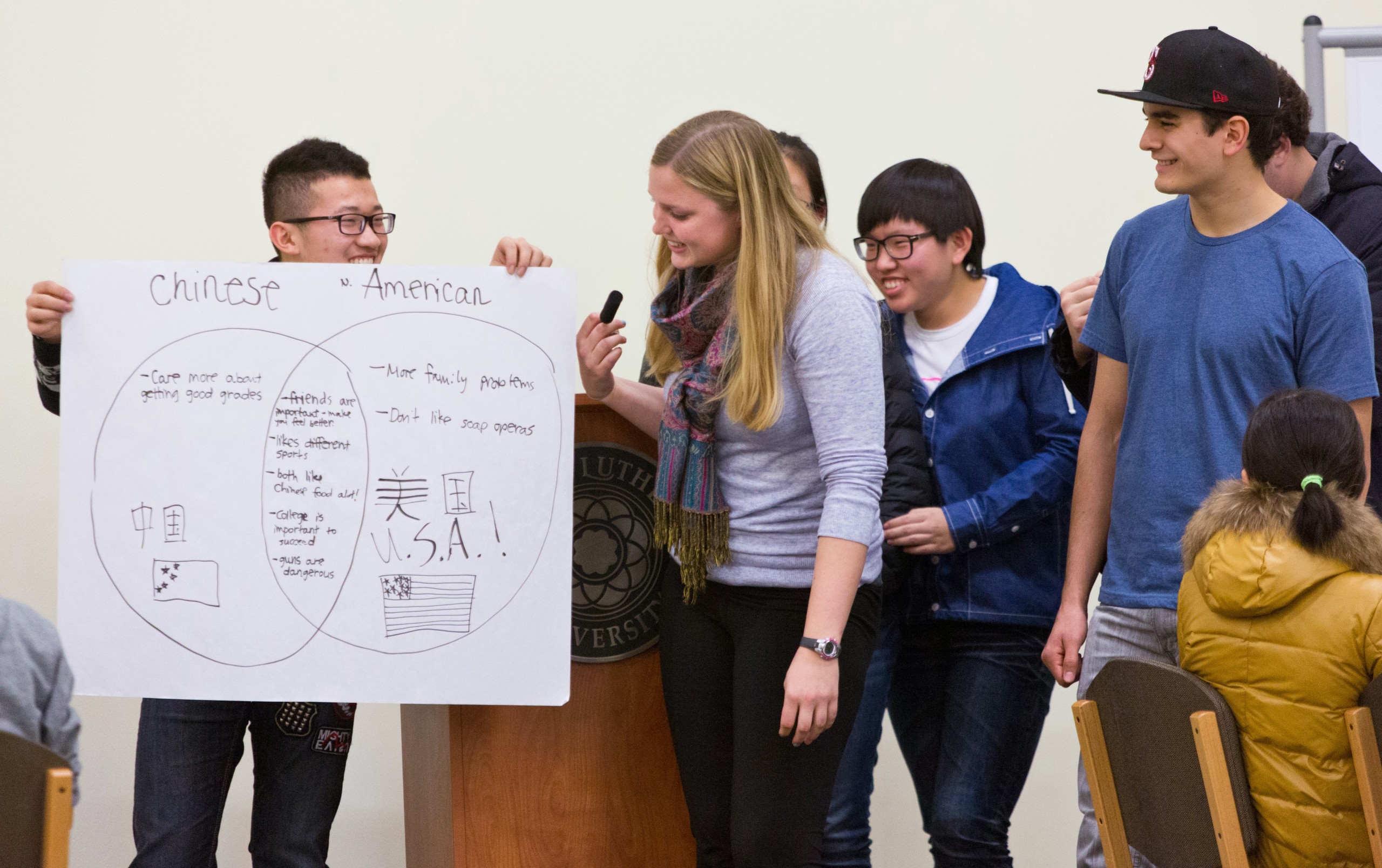 Students discuss the results of their cultural-exchange work. (Photo: John Froschauer / PLU )