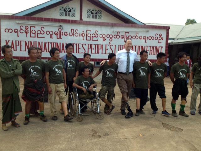 On a visit to a U.S.-funded mine-risk education seminar in Kayah State, Jerry White stands with fellow landmine survivors. U.S.-supported mine-risk education in Burma can serve as a platform to build trust between these armed groups, the military and the Burmese government. Photo courtesy of the U.S. State Department.