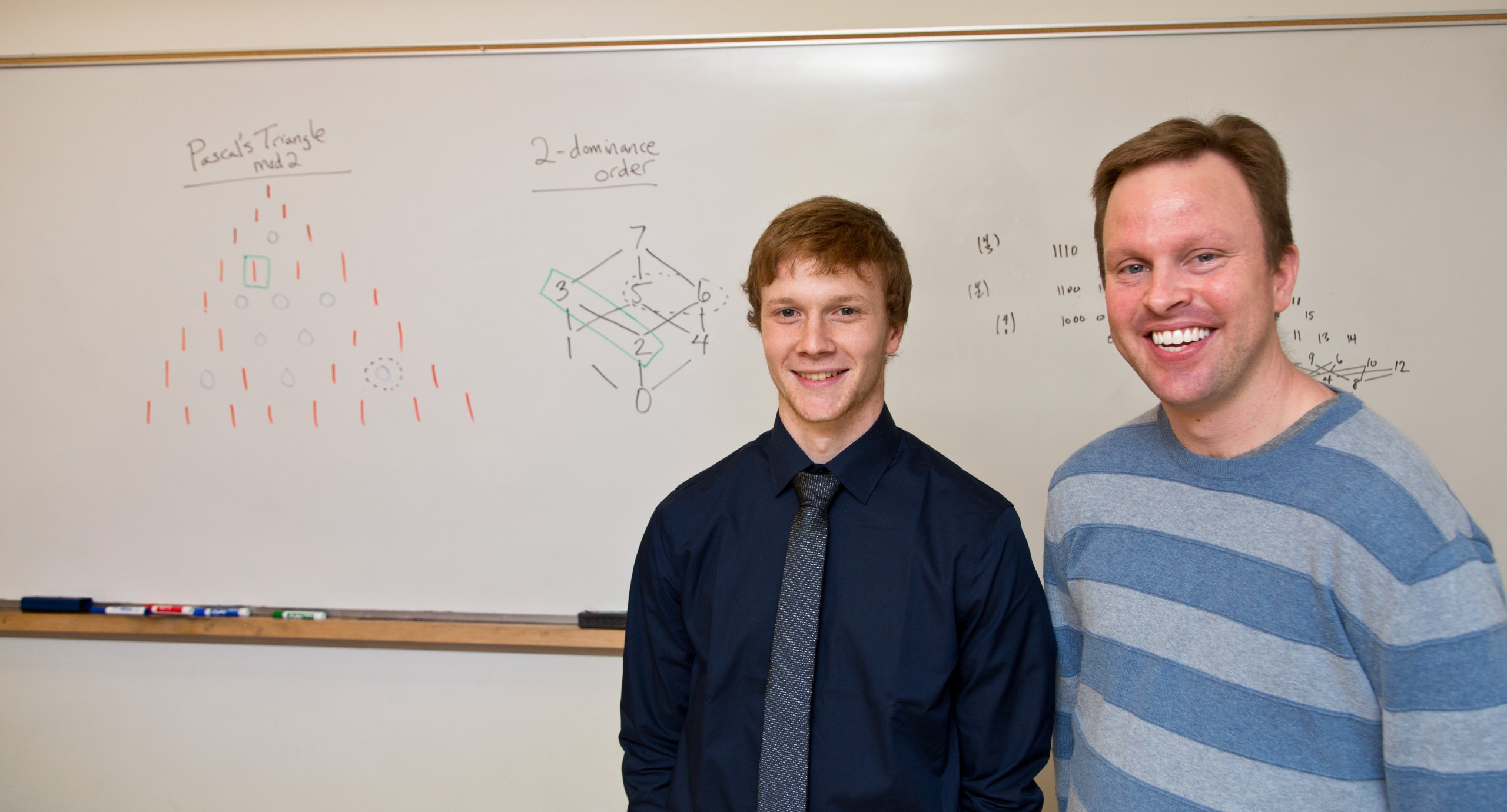 Tyler Ball ’13, left, and PLU Math Professor Tom Edgar conducted research over the summer of 2012 (with Daniel Juda ’13) that’s now published in the Rose-Hulman Undergraduate Mathematics Journal. (Photo: John Froschauer/PLU)