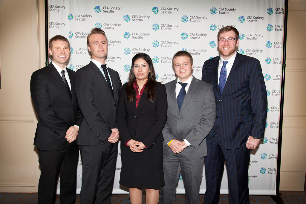 PLU’s CFA Challenge team at the local competition in Seattle (which it won!). From left: Kirk Swanson, Tobias Kornberg, Raji Kaur, Kristoffer Dahle, Evan Turner. (Photo: CFA Seattle.)