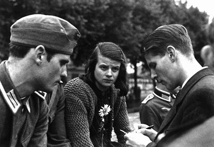 The White Rose member Sophie Scholl, center, was arrested by the Gestapo on Feb. 18, 1943, and, along with two other members, was executed by guillotine on Feb. 22. (Photo courtesy of The White Rose exhibit.)