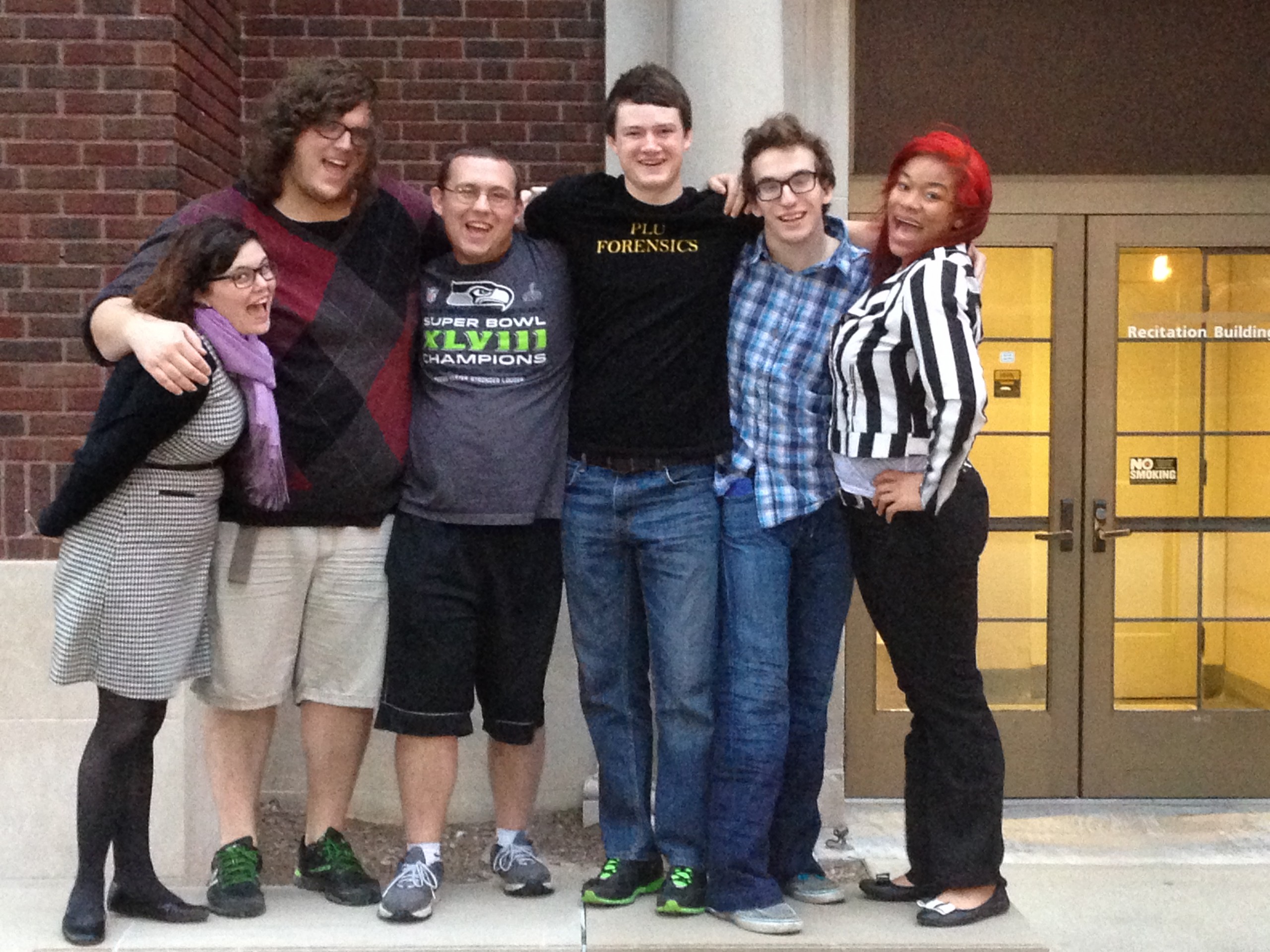 PLU sent six Speech and Debate members (from left: Pam Barker, David Mooney, Chris Fournier, Brendan Stanten, Andrew Tinker and Mamie Howard) to the national competition at Purdue University April 11-12.