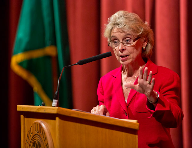 Former Governor Christine Gregoire talks about personal responsibility during PLU’s Earth Day celebration. (John Froschauer, Photo)