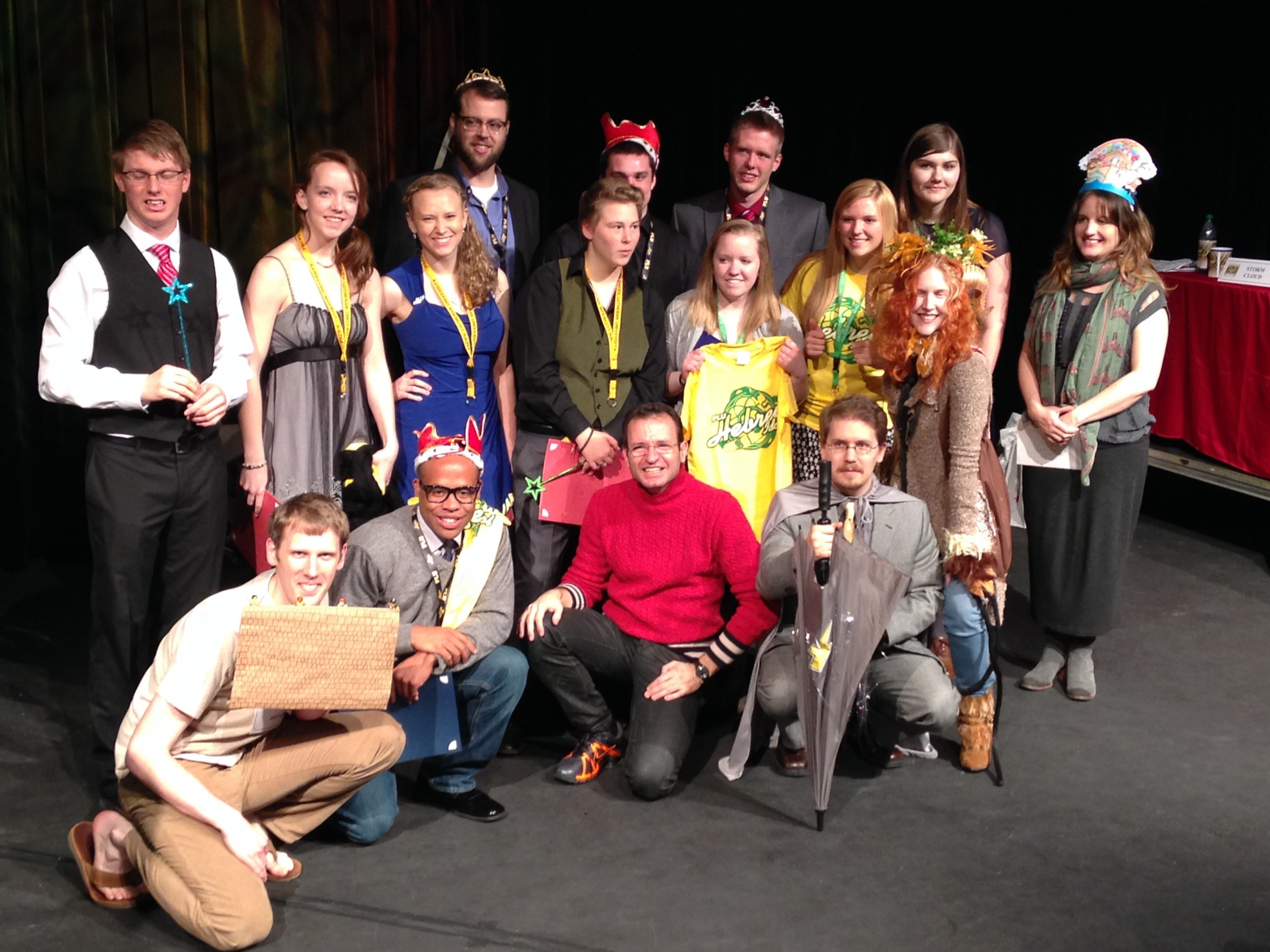 Participants in the 2014 Hebrew Idol finale gather in Studio Theatre on April 17. Pictured, from left to right: Back Row: Samuel Collier, Mike Plamer, Will Lockert, Megan Cheatham. Middle Row: Tom Flanagan, Quinn Johnston, Lexi Engman, Caitlin Dawes, Julia Nelson, Maddie Bernard, Brenda Llewellyn Ihssen, Adela Ramos. Front Row: Tim Chalberg, Shaquille Townsend, Antonios Finitsis, Tyler Travillian.