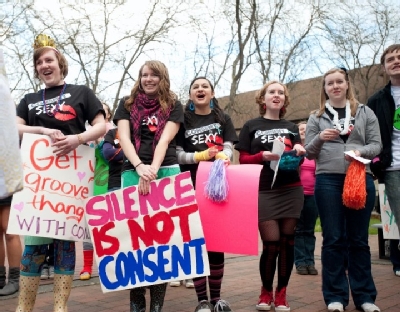 Students attend a Take Back the Night rally at PLU. (Photo: PLU Women’s Center)