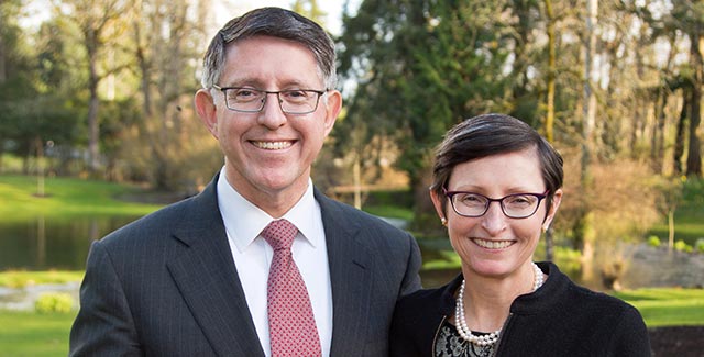 PLU President Thomas W. Krise and his wife Patty Krise at the Gonyea House.