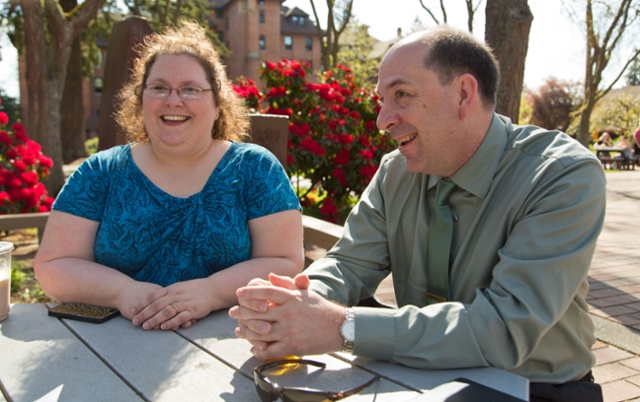 Jennifer and James “Jym” Kinney talk about their paths to PLU, and beyond, just before graduation on May 24, 2014. (Photo: John Froschauer/PLU)