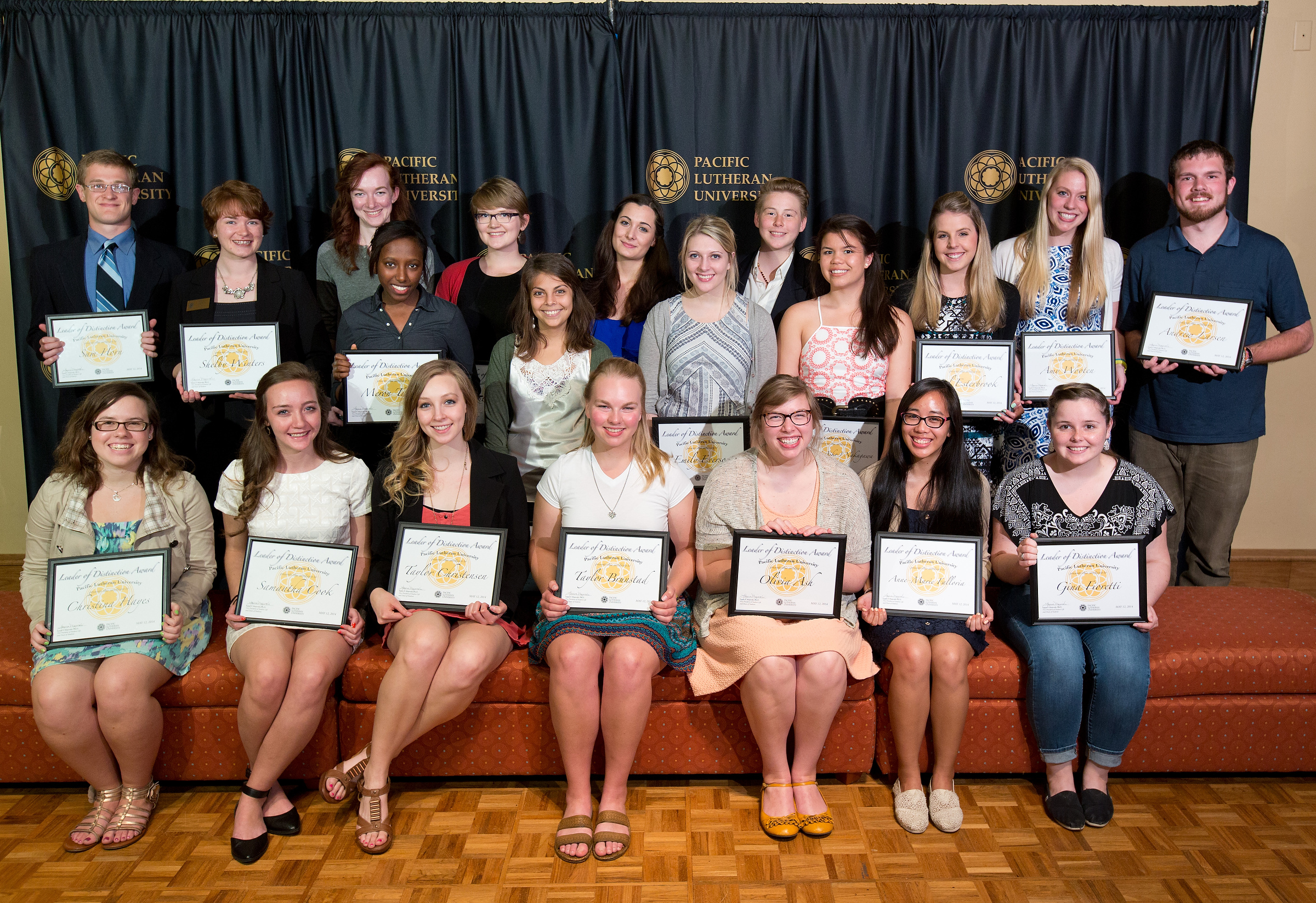 The 2014 Leaders of Distinction. (Photo: John Froschauer/PLU) - Jon Adams Olivia Ash Taylor Brunstad Taylor Christensen Samantha Cook Caitlin Dawes Grace DeMun Rachel Diebel Tyler Dobies Ariel Esterbrook Emily Everson Anne-Marie Falloria Gina Fioretti Ashley Gill Christina Hayes Amelia Heath Sam Horn Brittany Jackson Laura Johnson Evan Koepfler Ruth Kovanen (Professional Development Award) Jessica Lancaster Andrew Larsen (Professional Development Award) Casey Laufmann Lauren Mendez Theresa (Aiko) Nakagawa April Nguyen Maya Perez Anna Sieber Doug Smith Meron Tadesse Andrew Tinker Clay Trushinsky Shelby Winters Amy Wooten (Professional Development Award)