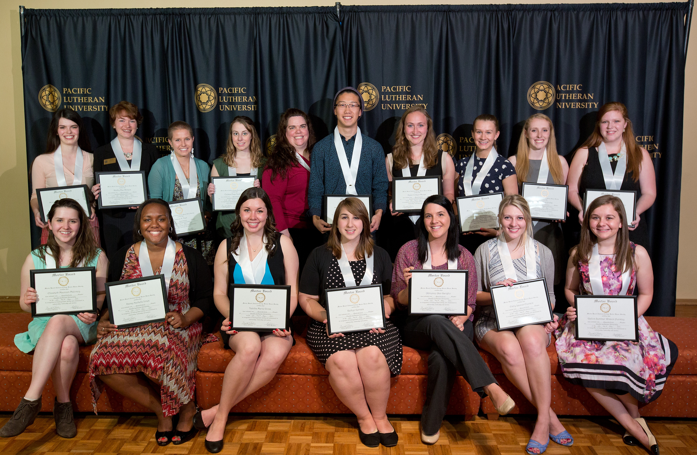 The inaugural inductees into PLU’s new Mortar Board chapter. (Photo: John Froschauer/PLU) - Katherine Caras David Chen Mackenzie Deane Kaitlyn Elms Austin Erler Emily Everson Lillian Ferraz Tommy Flanagan Gigi Gariglio Kaitlyn Gervais Katrina Graven Tabitha Gross Colton Heath Danay Jones Thomas Kim Ian Kinder-Pyle Hannah Kreutz Nicole Laborte Selina Mach Katherine Mahoney Elizabeth Maloney Wendy Martinez Kristin McCarthy Helen Moran Heather Mull Chelsea Neubauer Clara O’Brien Rachel Samardich Aaron Steelquist Kimberly Stone Blair Troudt Jessica Tveit Brianna Walling Shelby Winters Gailon Wixson Pursley Allison Young