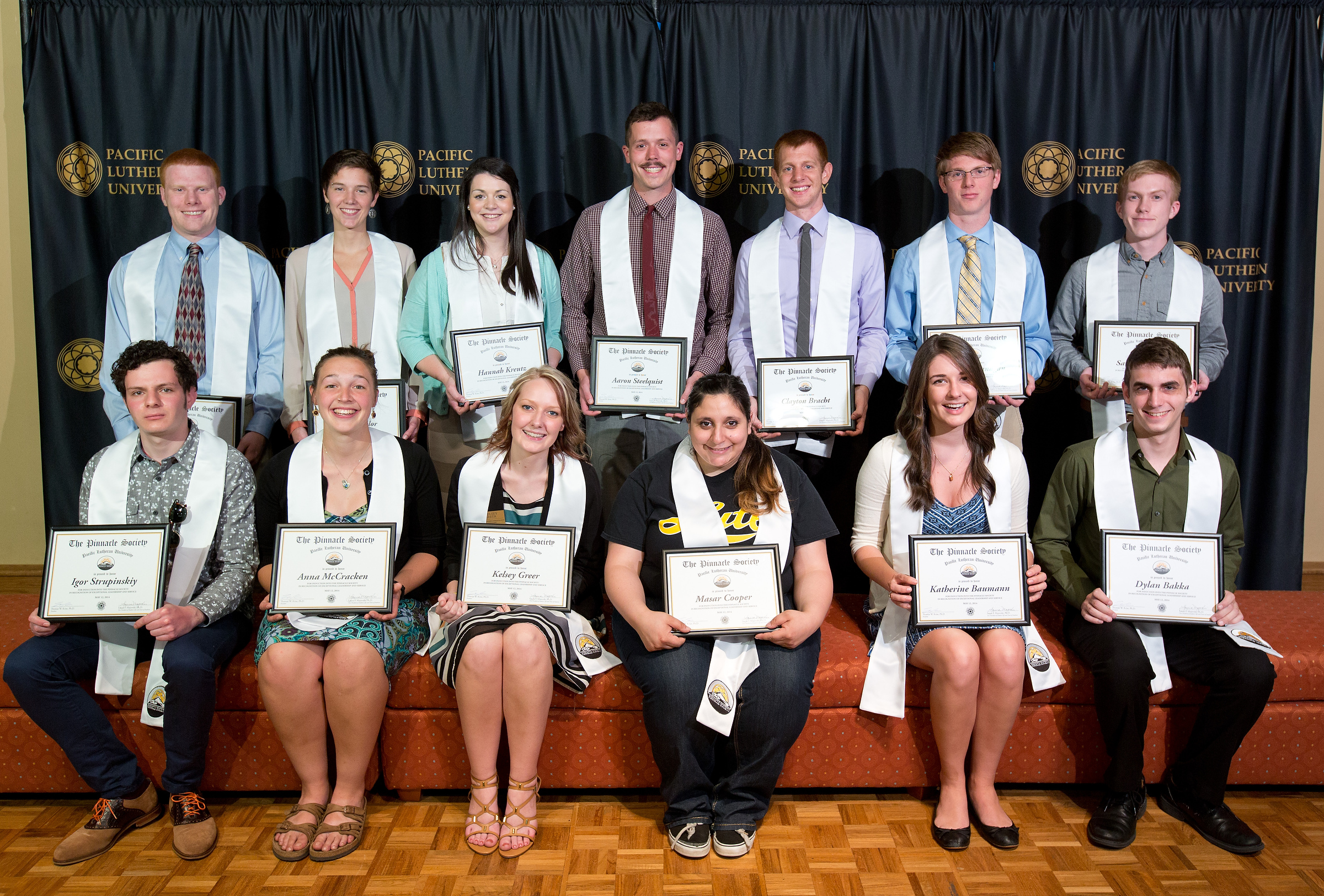 The newest members of PLU’s Pinnacle Society. (Photo: John Froschauer/PLU) - Dylan Bakka Katherine Baumann Emily Bishop Clayton Bracht Masar Cooper Thomas Flanagan Kelsey Greer Sam Hosman Hannah Kreutz Anna McCracken Joshua Olsen Rachel Samardich Aaron Steelquist Igor Strupinskiy Jenny Taylor