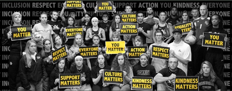 Students holding up signs such as You Matter, Everyone Matters, Action Matters, Kindness Matters, Support Matters, Culture Matters