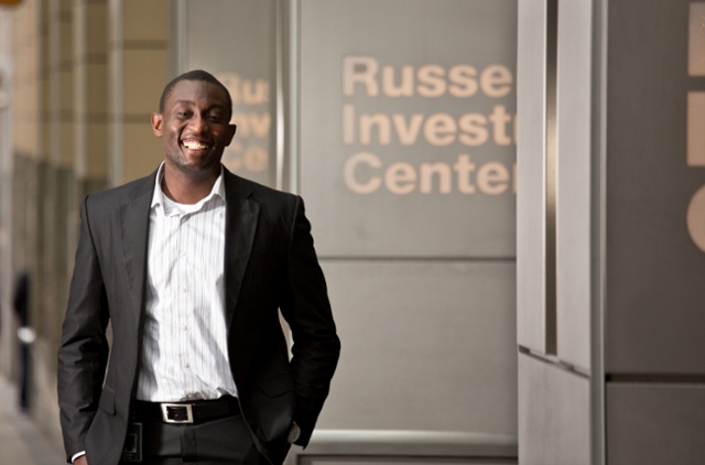 Finance major Simbarashe Change ’15 says he found out about his summer internship at Seattle-based Russell Investments by checking regularly with Career Connections, PLU’s career center. (Photo by John Froschauer, PLU Photographer)