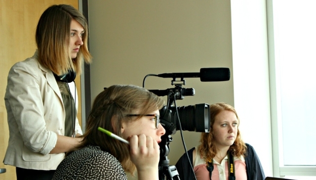 PLU Center for Media Studies and MediaLab students Amanda Brasgalla, Olivia Ash and Valery Jorgensen (L to R) conducting a video interview