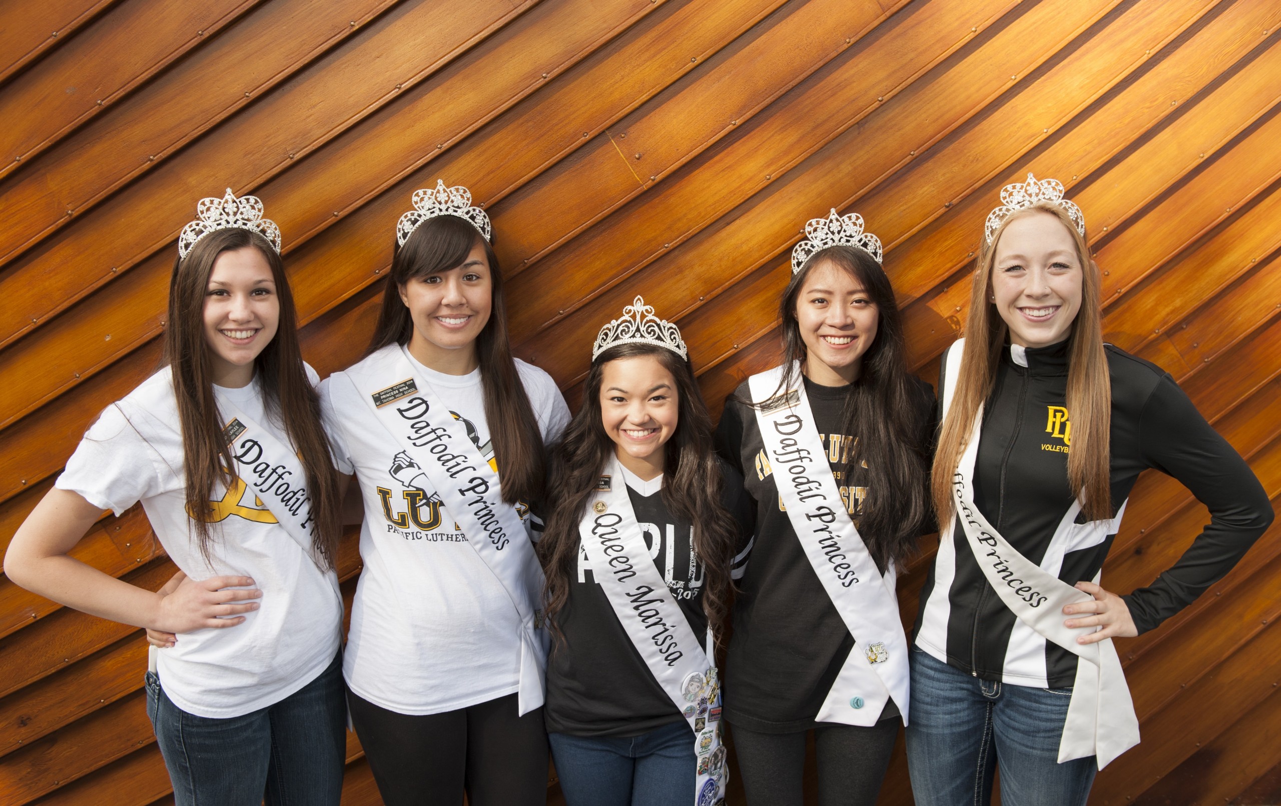 Five members of the 2014 Pierce County Royal Daffodil Court are all new Lutes this fall. From left: KayLee Weist, Nina Thach, Marissa Modestowicz (queen), Ji Larson and Kaetlynn Brown. (Photo: John Struzenberg ’16)