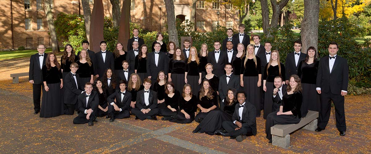 Members of PLU's Choir of the West pose in Red Square in October 2014. (Photo: John Froschauer/PLU)