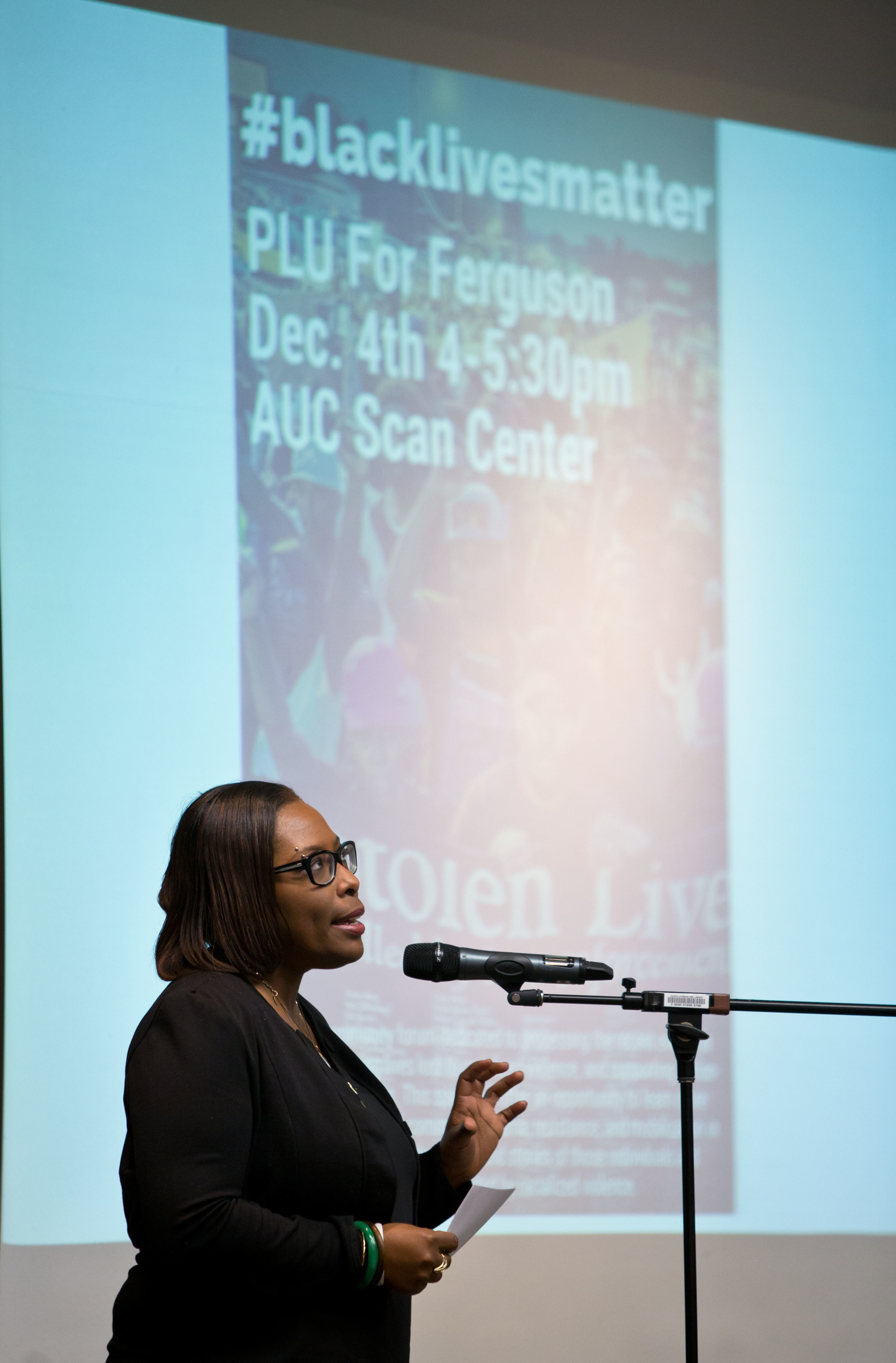 Diversity Center Director Angie Hambrick opens the Dec. 4 forum discussion. (Photo: John Froschauer/PLU)