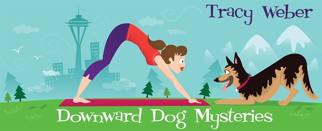 Tracy Weber - Downward Dog Mysteries, person doing yoga bend with german shepard crouching