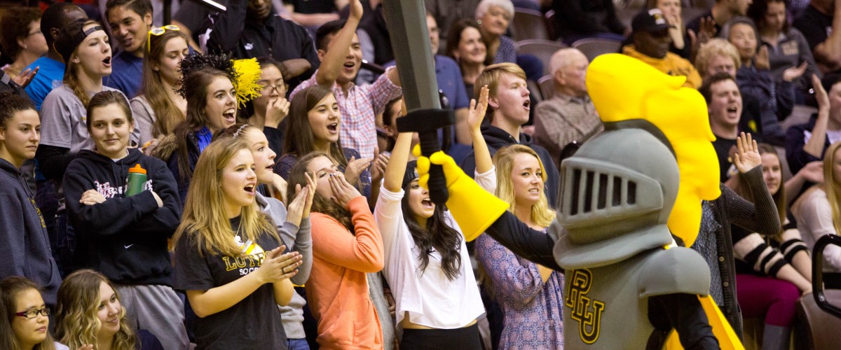 The new Lance Lute and students in the crowd. (Photo: John Froschauer/PLU)