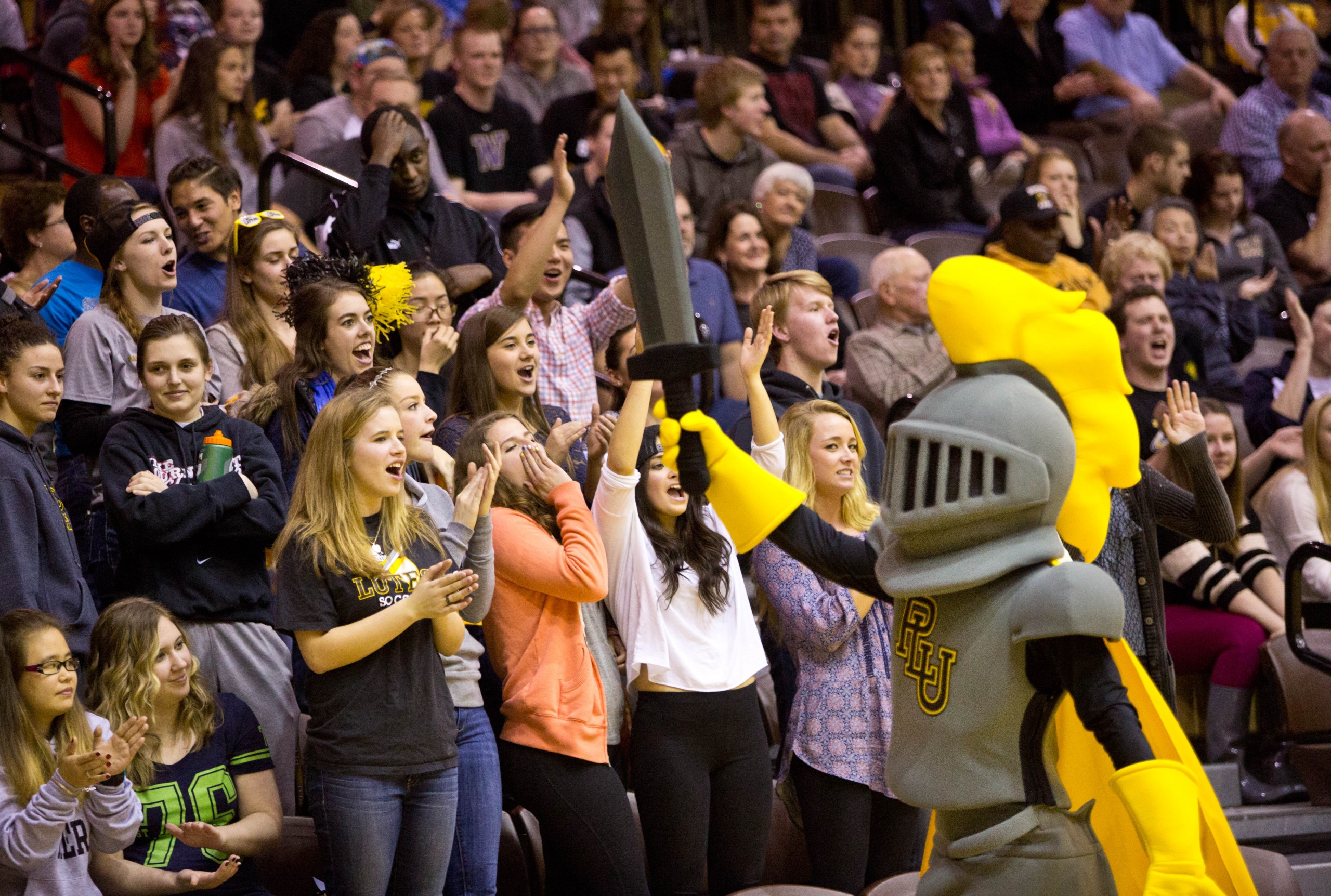 PLU's new mascot rallies fans at a home basketball game on Feb. 6. (Photo: John Froschauer/PLU)