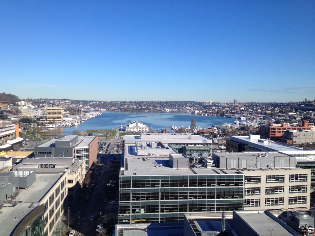 PLU students got a great view of Seattle's Lake Union from the top of one of Amazon's buildings. (Photo: Amanda Brasgalla '15)