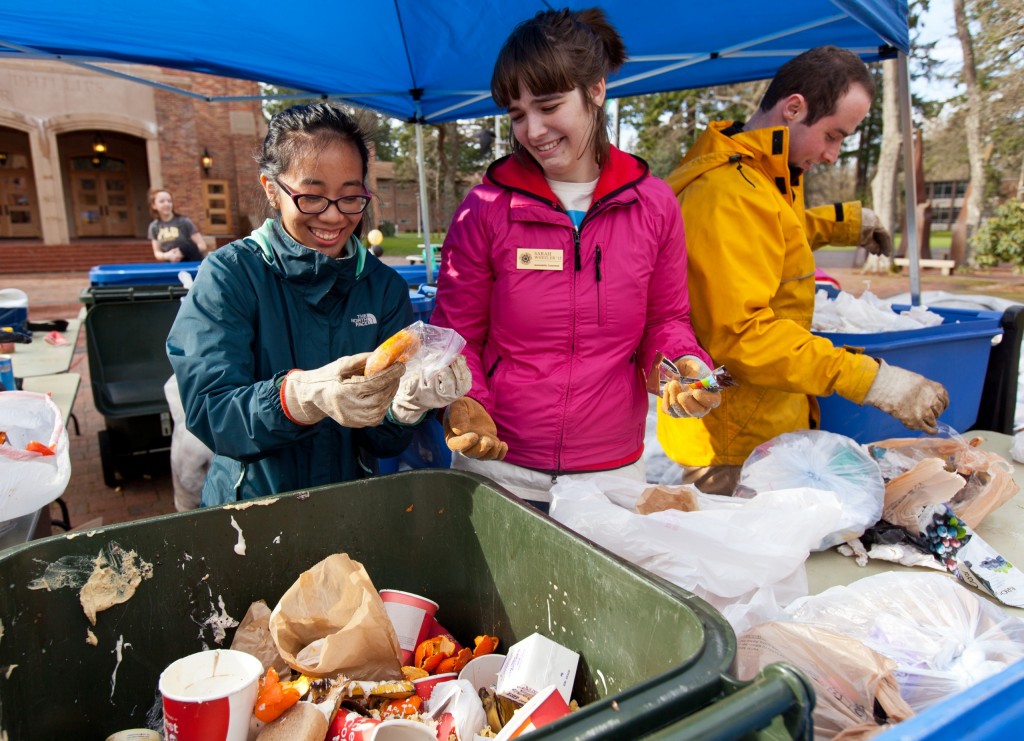 Garbology, students sorting through a day of trash for recyclamania at PLU on Friday, Feb. 14, 2014. (Photo/John Froschauer)