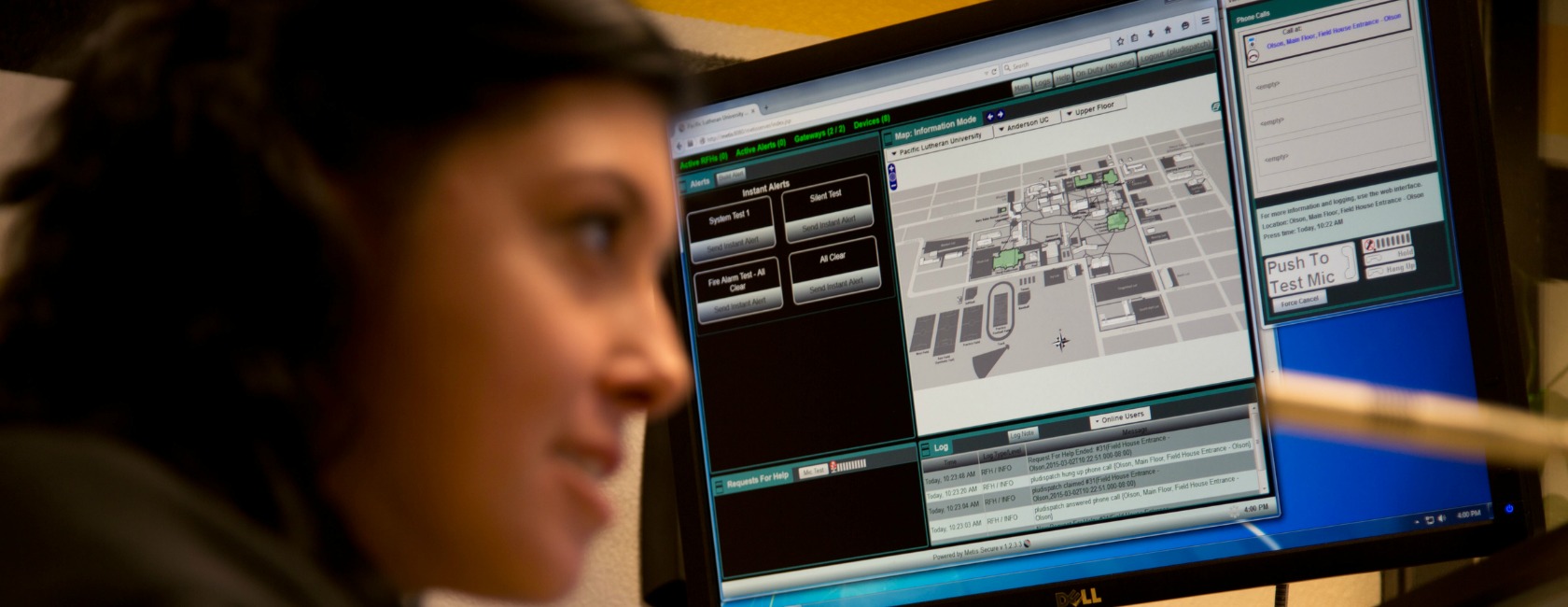 Campus Safety staffers monitor PLU's new Emergency Notification System. (Photo: John Froschauer/PLU)