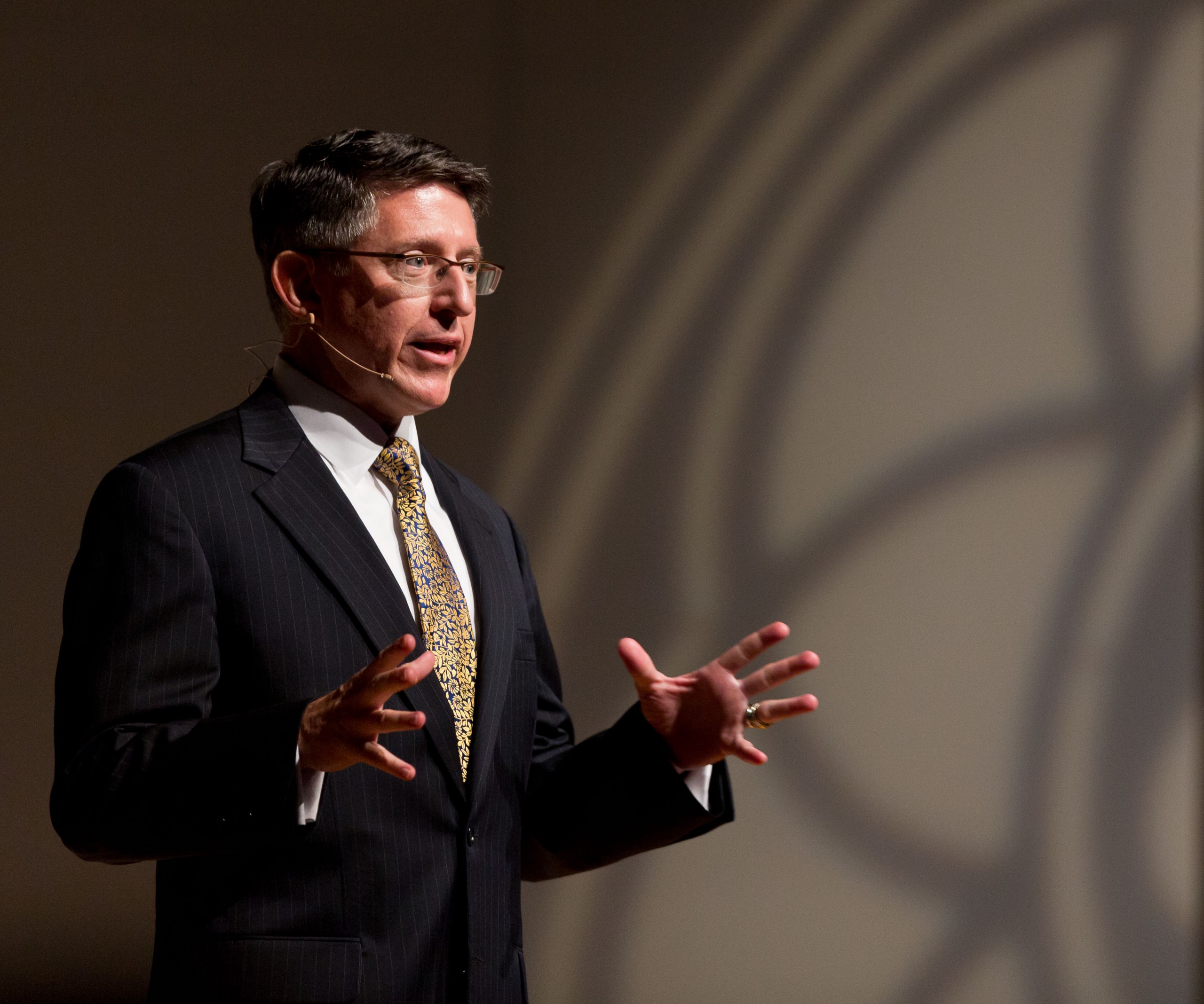 President Thomas W. Krise speaking at the Fall Conference at PLU on Wednesday, Sept. 3, 2014. (Photo/John Froschauer)