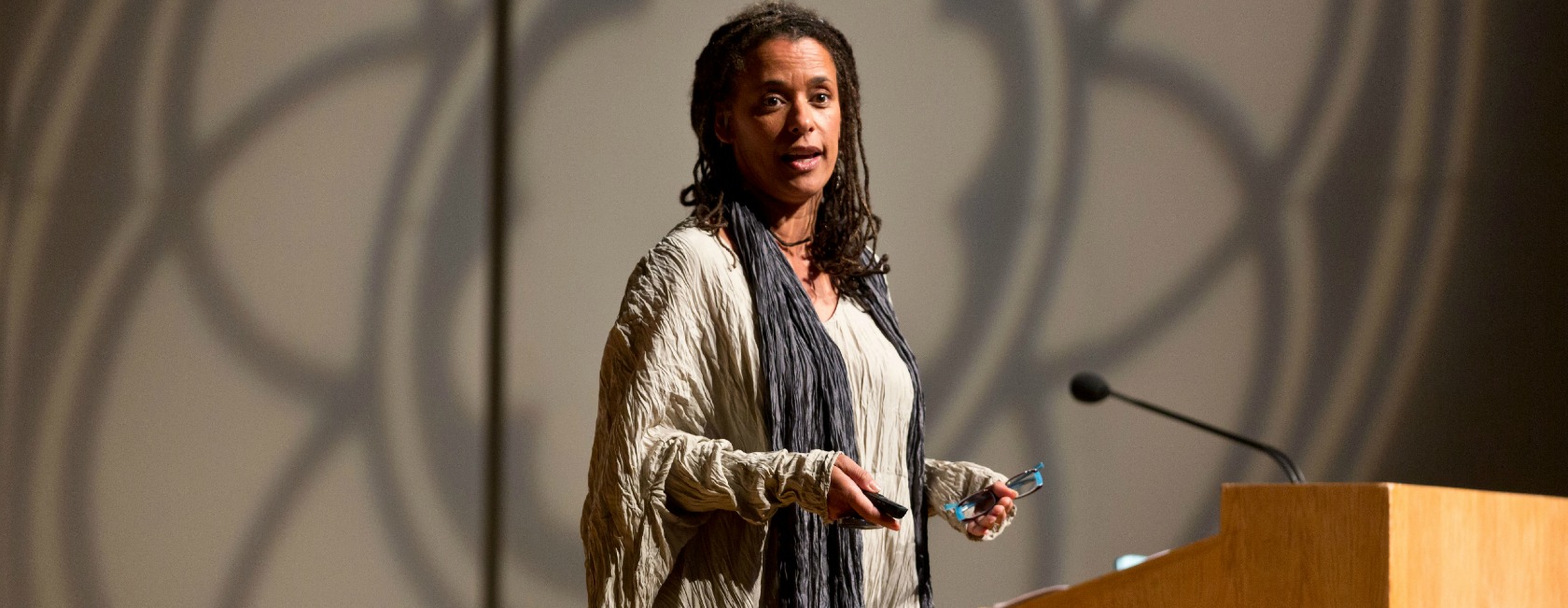 Assistant Professor of Environmental Science, Policy & Management Carolyn Finney, University of California, Berkley, speaking at the Fall Conference at PLU on Wednesday, Sept. 3, 2014. (Photo/John Froschauer)