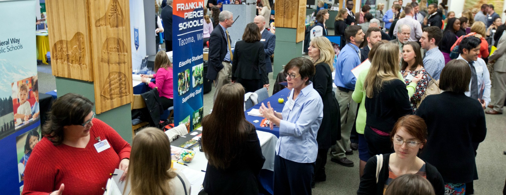Students and employers connect at the Education Career Fair at PLU on March 18. (Photo: John Froschauer/PLU)