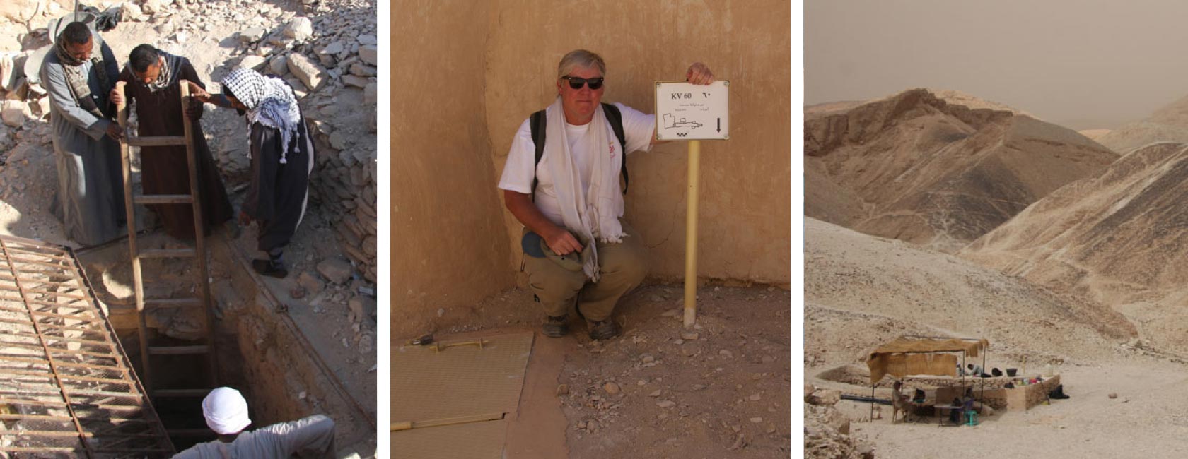 Left, the shaft of a tomb is opened for investigation by the PLU archaeological expedition. Center, Ryan near Tomb 60. Right, the expedition works outside a tomb under a canopy. (Photos Courtesy Denis Whitfill, PLU Valley of the Kings Project)