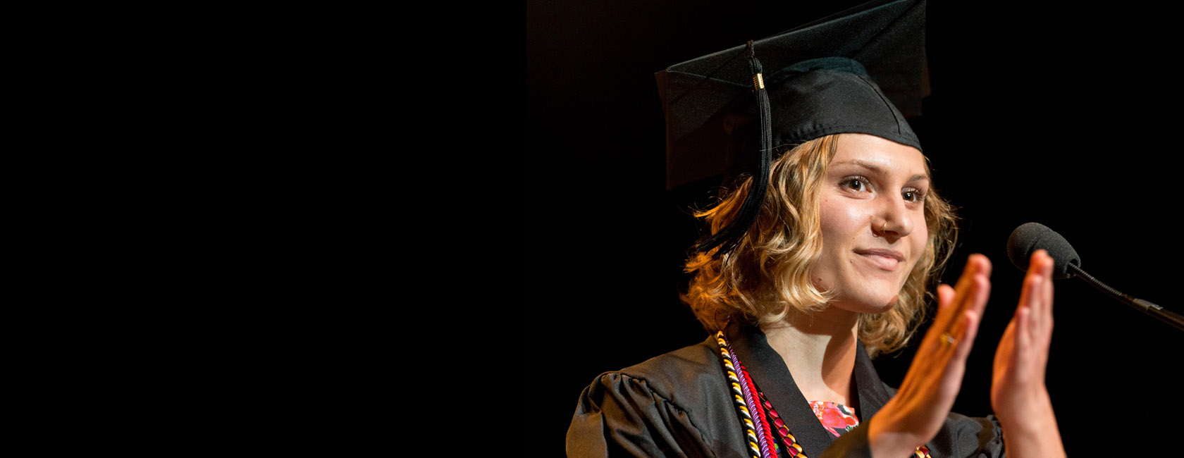 Amanda Seely '15 delivers the student Commencement address at the Tacoma Dome on May 23. (Photo: John Froschauer/PLU)