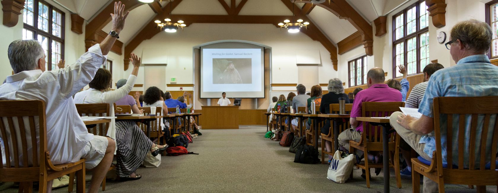 Participants in the 2014 Rainier Writing Workshop attend a lecture in Nordquist Lecture Hall. (Photo: John Froschauer/PLU)