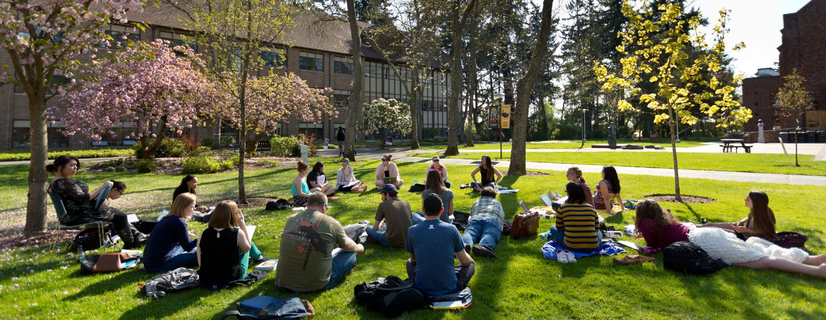 Outdoor class at PLU on Monday, April 20, 2015. (Photo: John Froschauer/PLU)