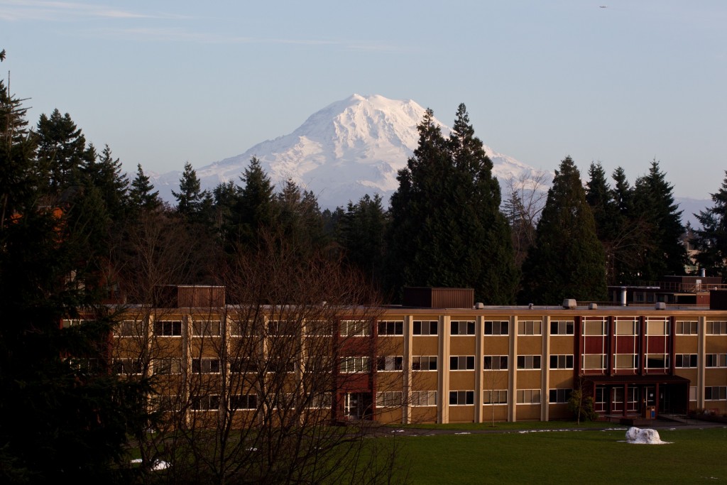 rainier-foss-913-1-23-12_1 Mt. Rainier and Foss Hall seen from Mary Baker Russell at PLU on Monday, Jan. 23, 2012. (Photo by John Froschauer/PLU)
