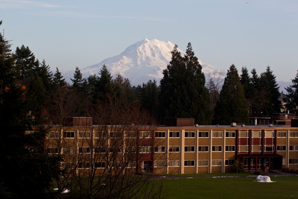 Mt. Rainier and Foss Hall seen from Mary Baker Russell at PLU on Monday, Jan. 23, 2012. (Photo by John Froschauer/PLU)