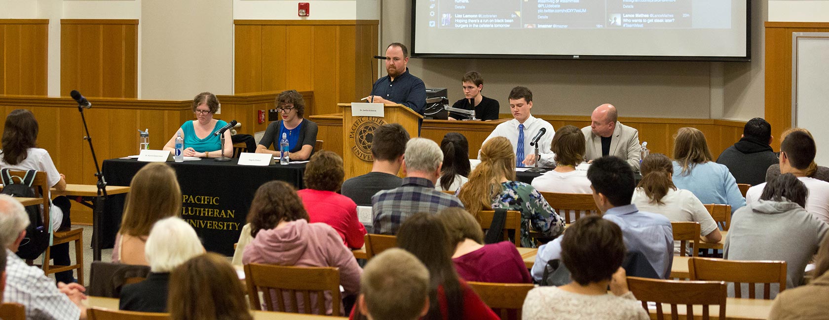 Students, faculty and alumni packed Xavier 201 for the 2014 Ruth Anderson Public Debate. (PLU Photo/John Froschauer)