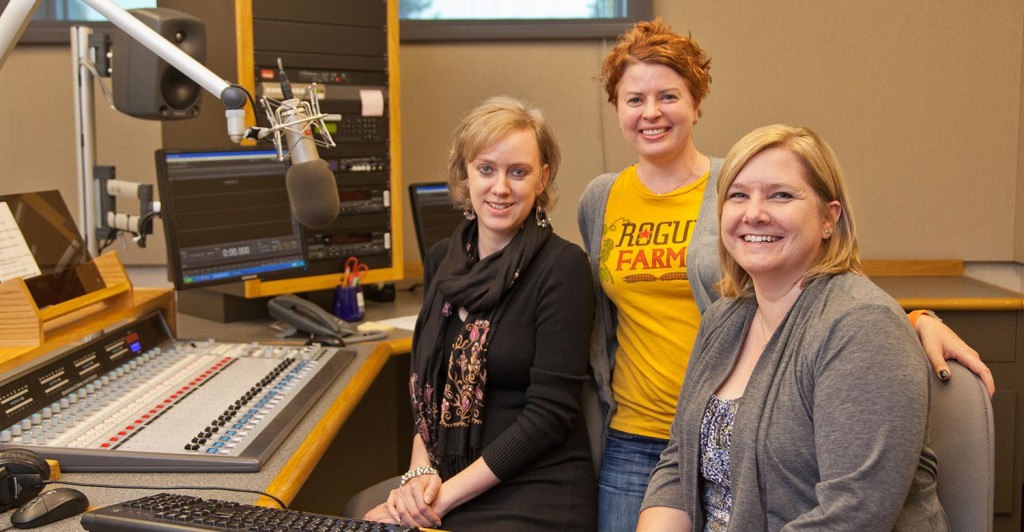 (From left to right) Associate Professor of Philosophy Pauline Shanks Kaurin, Associate Professor of Communication Amy Young and Professor of Psychology Michelle Ceynar at KPLU's Tacoma studio (on campus at PLU). (Photo: John Froschauer/PLU)