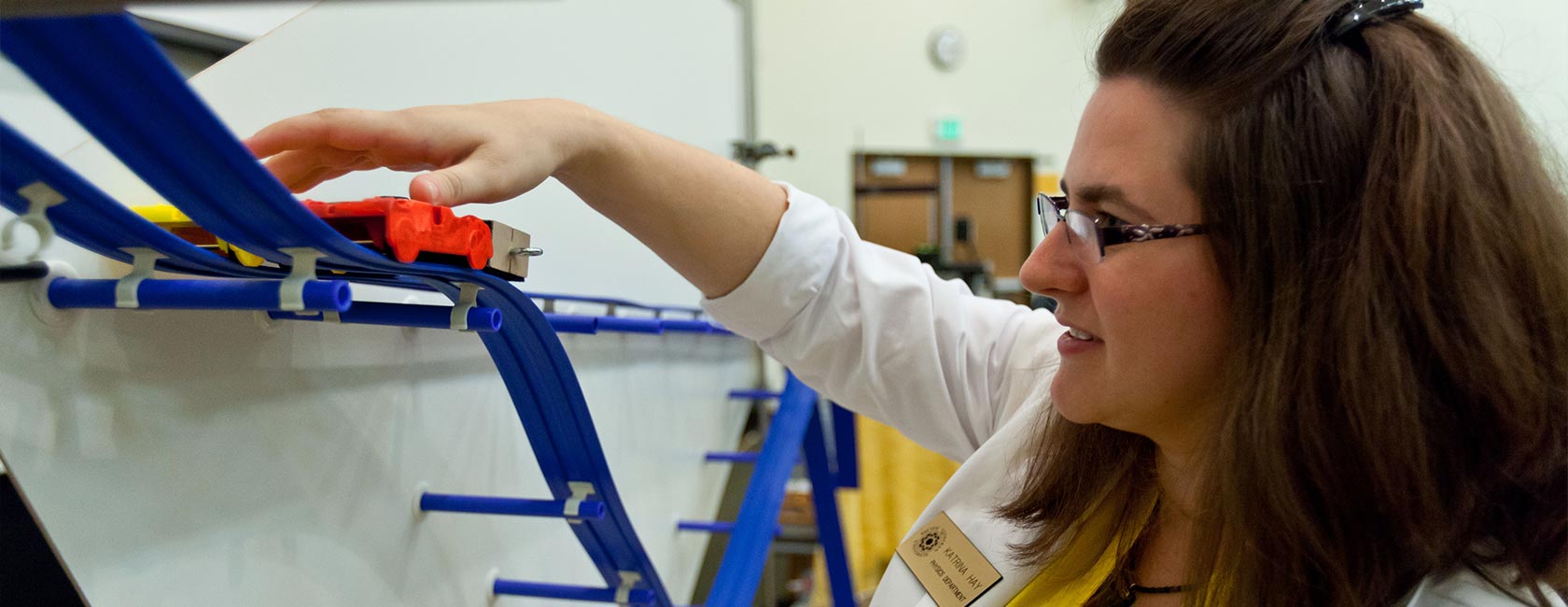 Associate Professor of Physics Katrina Hay at the physics demos at PLU on Friday, Sept. 26, 2014. (Photo by John Froschauer/PLU)