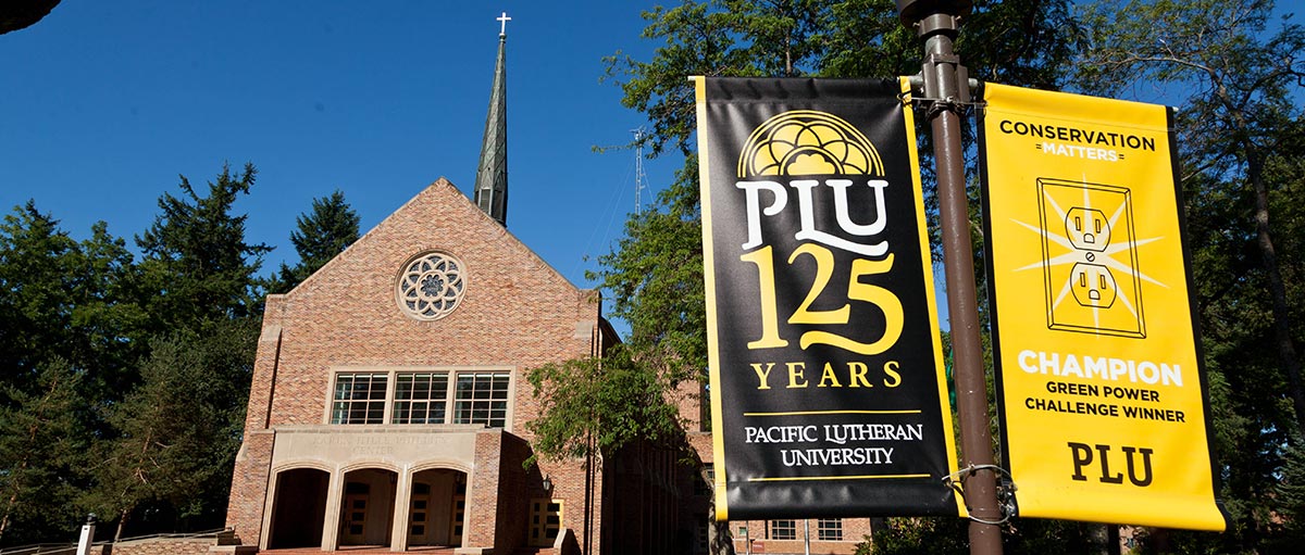 Karen Hille Phillips Center for the Performing Arts and the PLU banners