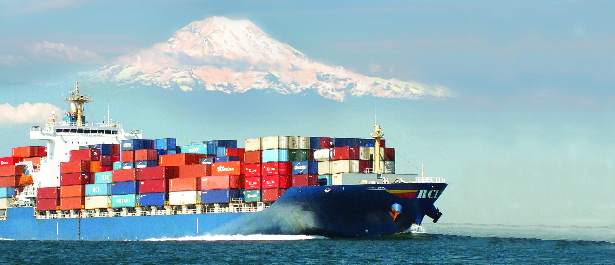 Container ship with Mt. Rainier in the background