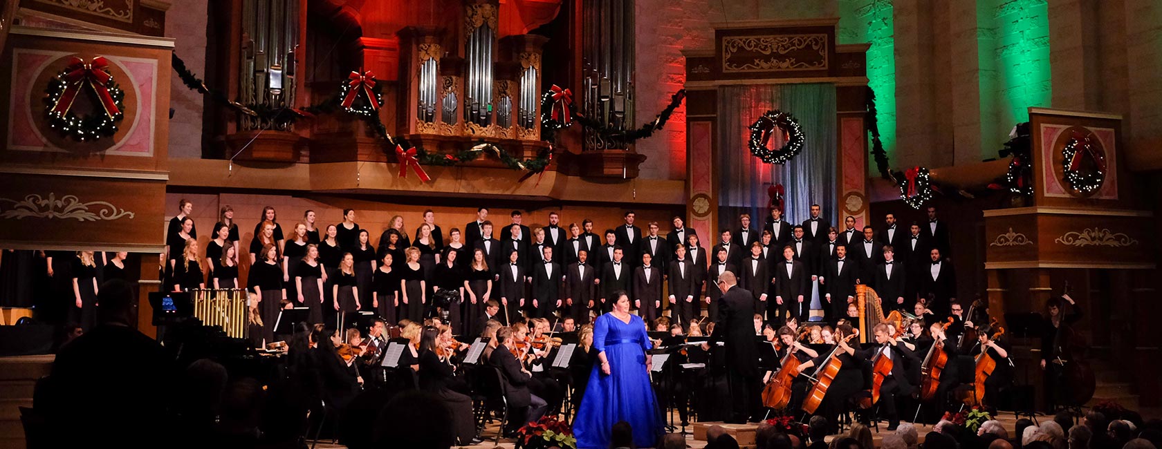 Award-winning Opera soprano Angela Meade ’01 (center in blue) at PLU’s 125th Anniversary Gala Concert on Friday, Dec. 11 in Lagerquist Concert Hall. (Photo by PLU/John Froschauer)