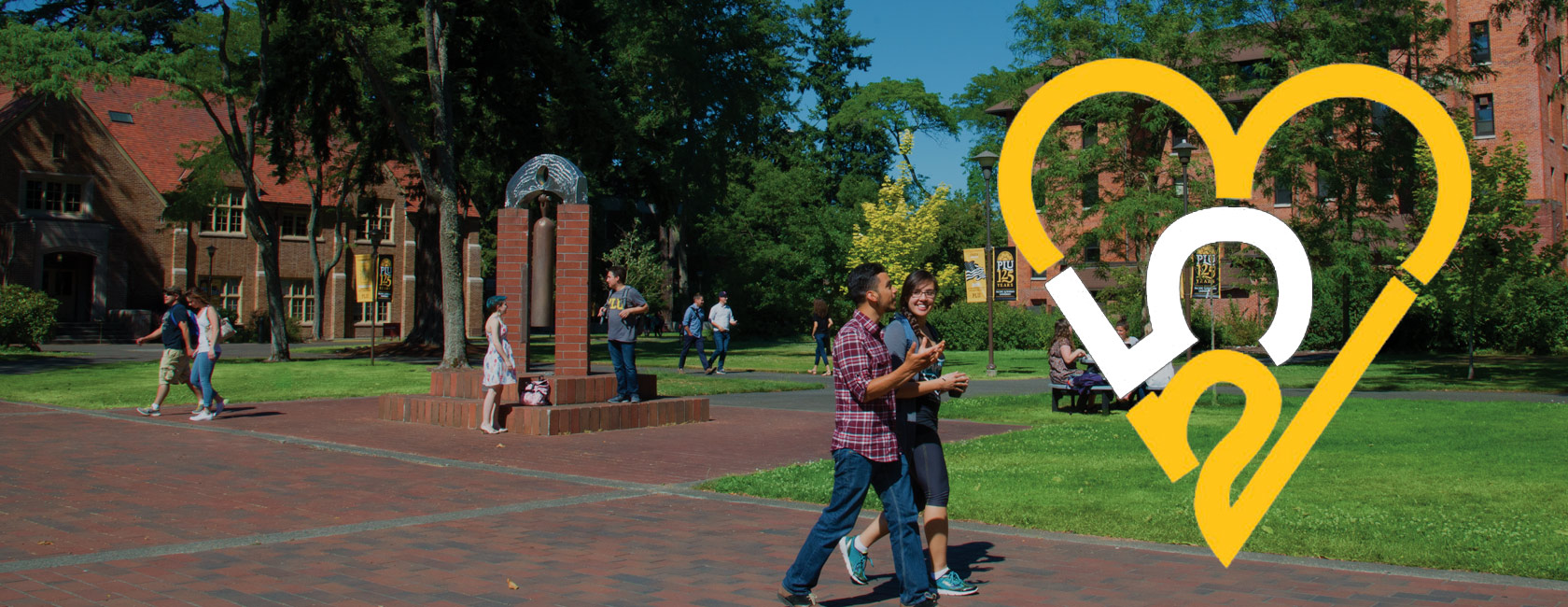 PLU 253 Bound banner, students walking on campus