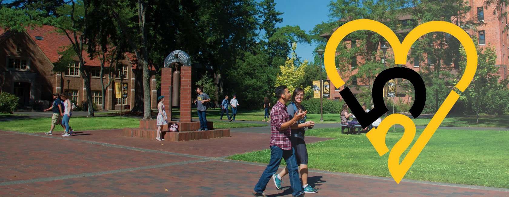 PLU 253 Bound banner, students walking on campus