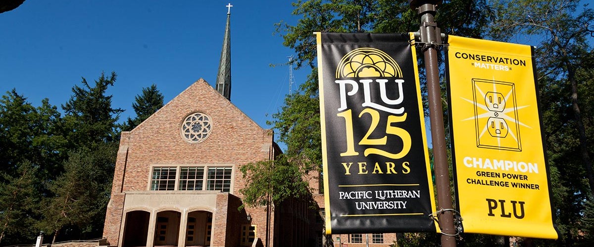 PLU banners in front of Karen Hille Center for the Performing Arts