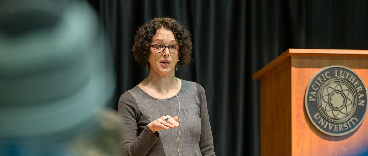 Robin DiAngelo Ph.D., speaking at the South Puget Sound Higher Education Diversity Partnership Institute. (Photo by John Froschauer/PLU)