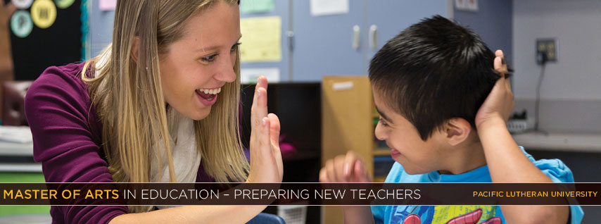 Master of Arts in Education banner - Preparing New Teachers, Student hi-fiving young person