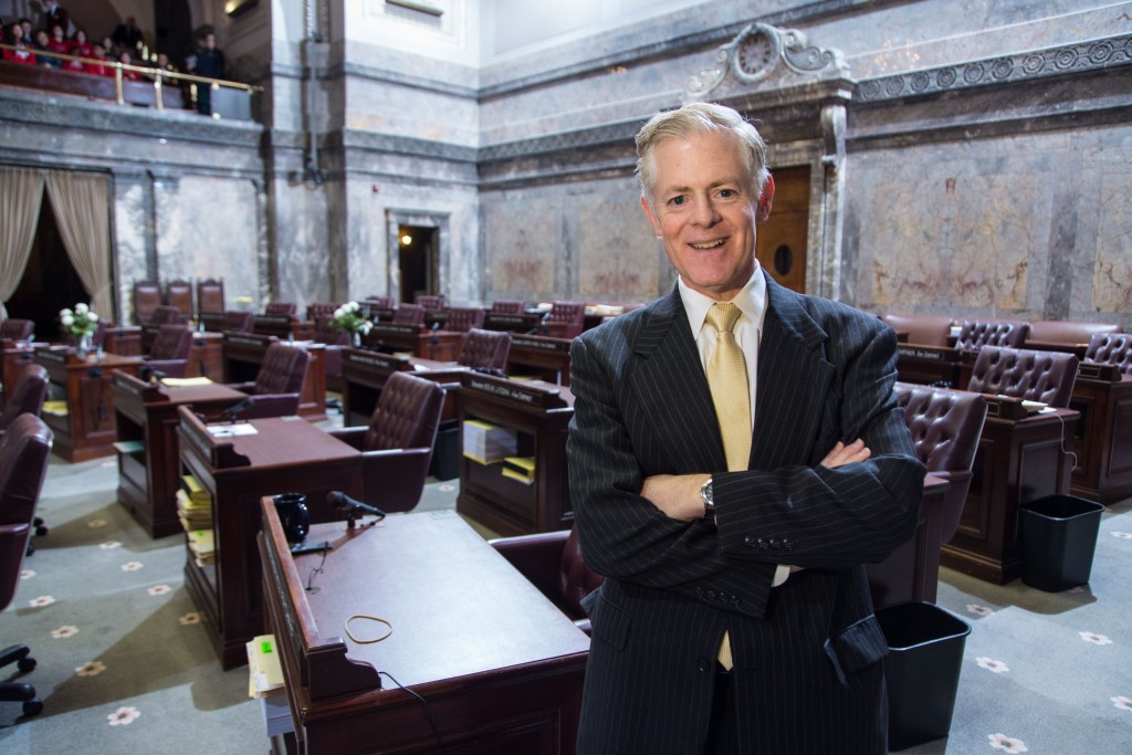 James Troyer '84, Senate Republicans Chief of Staff, in the senate chambers, is one of the Lutes in the legislature in Olympia, Washington on Thursday, Feb. 18, 2016. (Photo: John Froschauer/PLU)