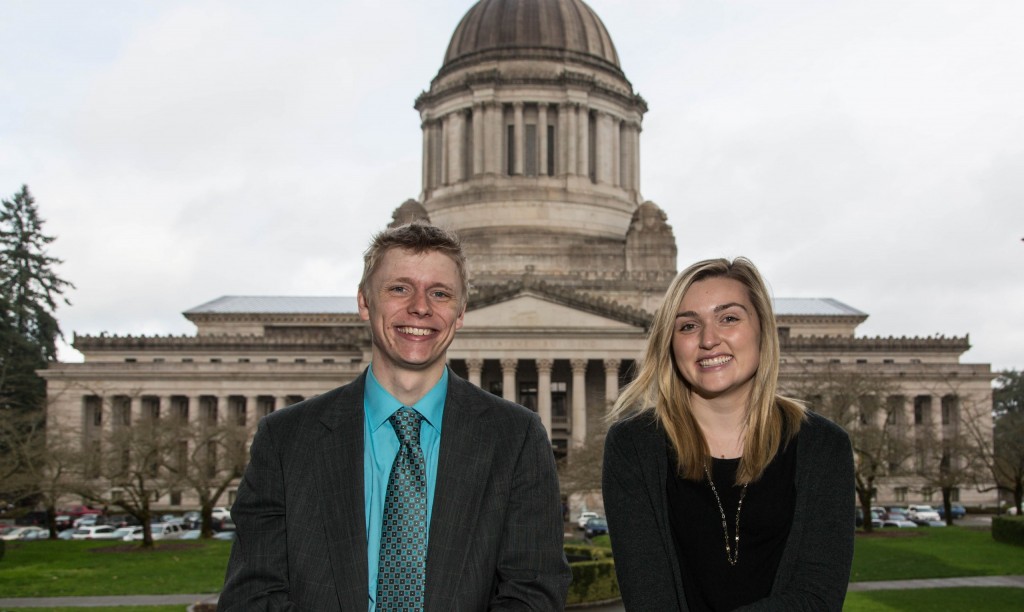 Karl Vaage, intern, House Democrats and Kacie Masten, intern, Senate Democrats are two of the Lutes in the legislature in Olympia, Washington on Thursday, Feb. 18, 2016. (Photo: John Froschauer/PLU)